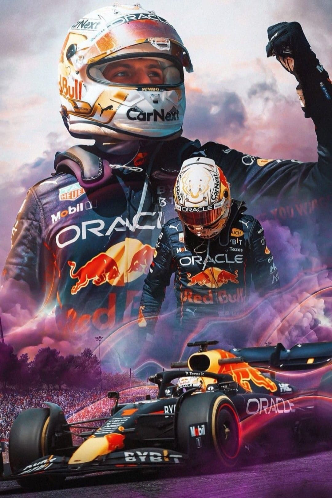 A Red Bull Racing Formula 1 driver in a helmet and suit celebrates, with images of him and his car layered over a dramatic, colorful background—perfect for motorsport fans following every thrilling moment on IPTV Italy.