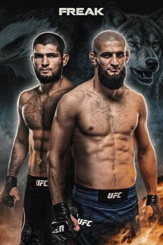 Two muscular male MMA fighters stand shirtless in UFC shorts, facing forward with intense expressions. Dark animal faces appear in the smoky background, with the word FREAK above them—capturing the adrenaline and energy of a championship event often streamed live on IPTV Italy.