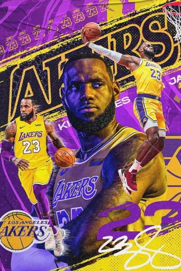 Collage of a Los Angeles Lakers basketball player in three action poses, all wearing a yellow jersey with number 23. The background is purple and gold with Lakers text and basketball graphics, capturing the excitement of the game as seen on IPTV Italy.