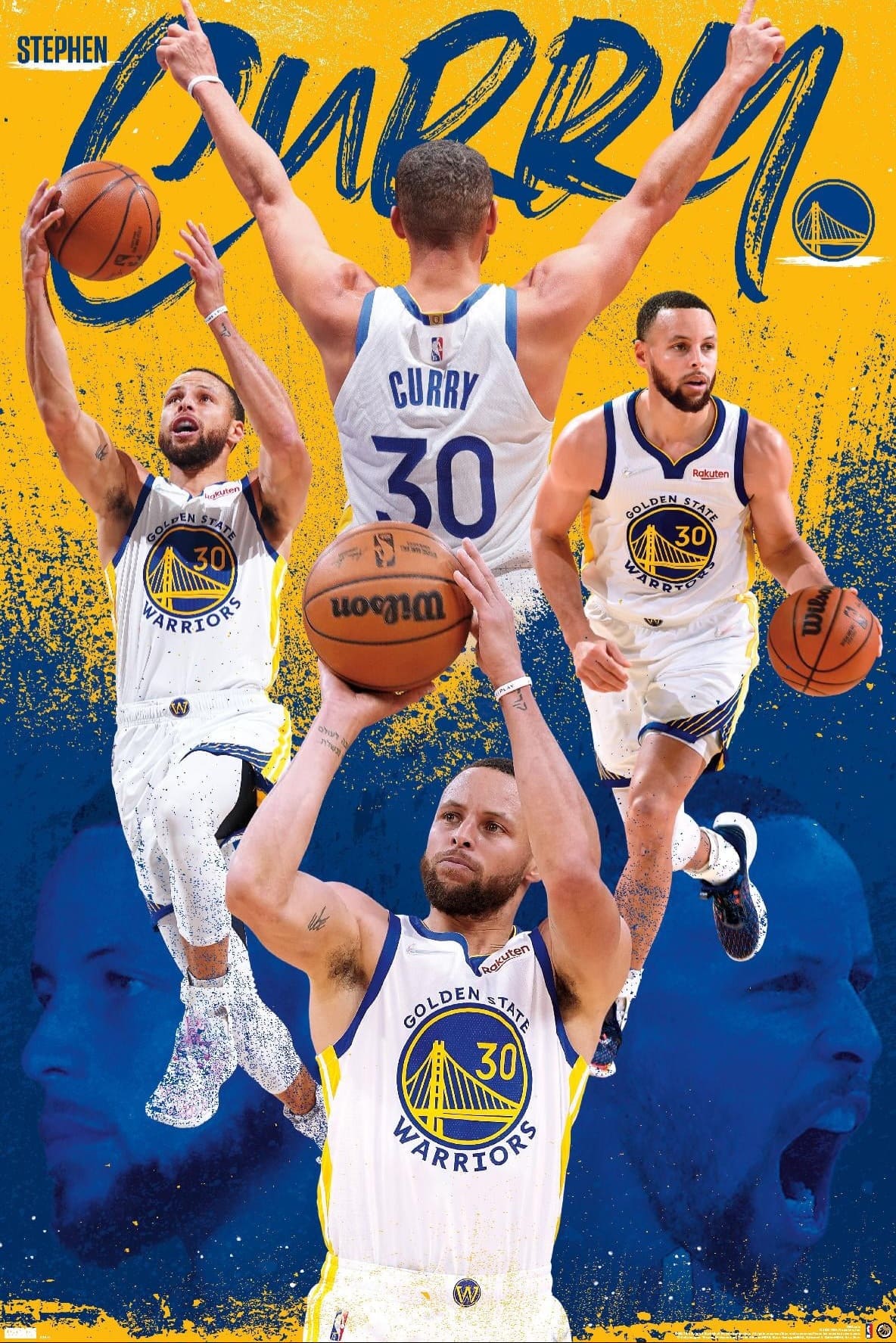 Collage of a Golden State Warriors basketball player wearing jersey number 30 in various action poses, set against a blue and yellow background with CURRY written at the top—a vibrant tribute perfect for fans catching every highlight, whether at home or streaming through IPTV Italy.