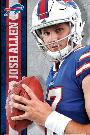 Football player in Buffalo Bills uniform holding a football, wearing a helmet. JOSH ALLEN is written vertically on a blue and red stripe with the team logo in the top left corner, making it a dynamic display perfect for fans streaming NFL action via IPTV Italy.