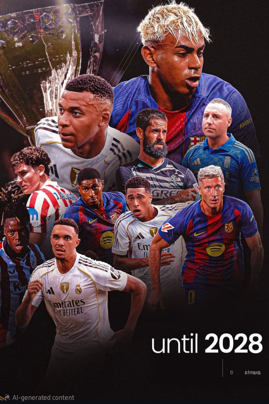 A collage of football players in various jerseys with a trophy in the background, highlighting the excitement of IPTV Italy coverage. The text “until 2028” at the bottom suggests a football league or competition lasting until that year.