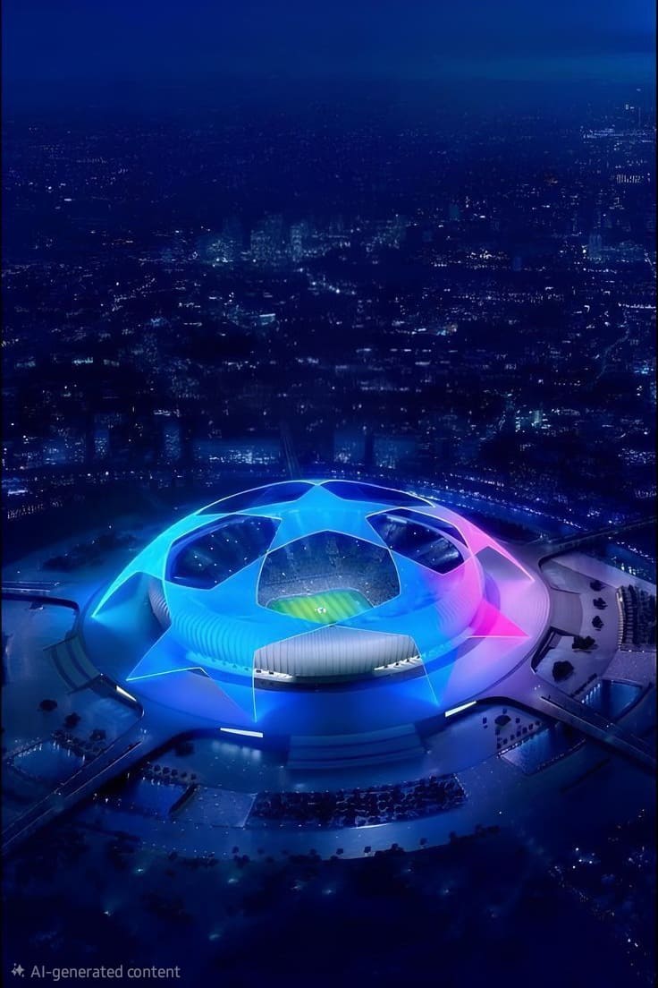 A large stadium illuminated with blue and pink lights, featuring a glowing star pattern on the roof, surrounded by a cityscape at night, creates an atmosphere perfect for streaming live events via IPTV Italy.