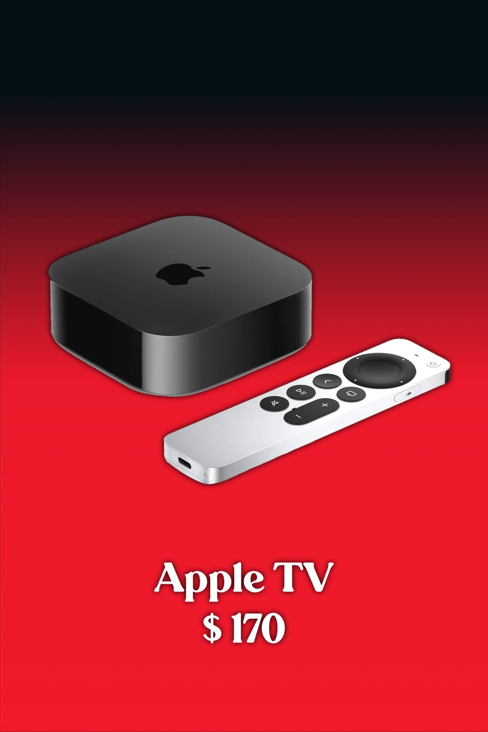 A black Apple TV device and its silver remote on a red gradient background, with the text Apple TV $170 below them—perfect for enjoying IPTV Italy and other streaming services.