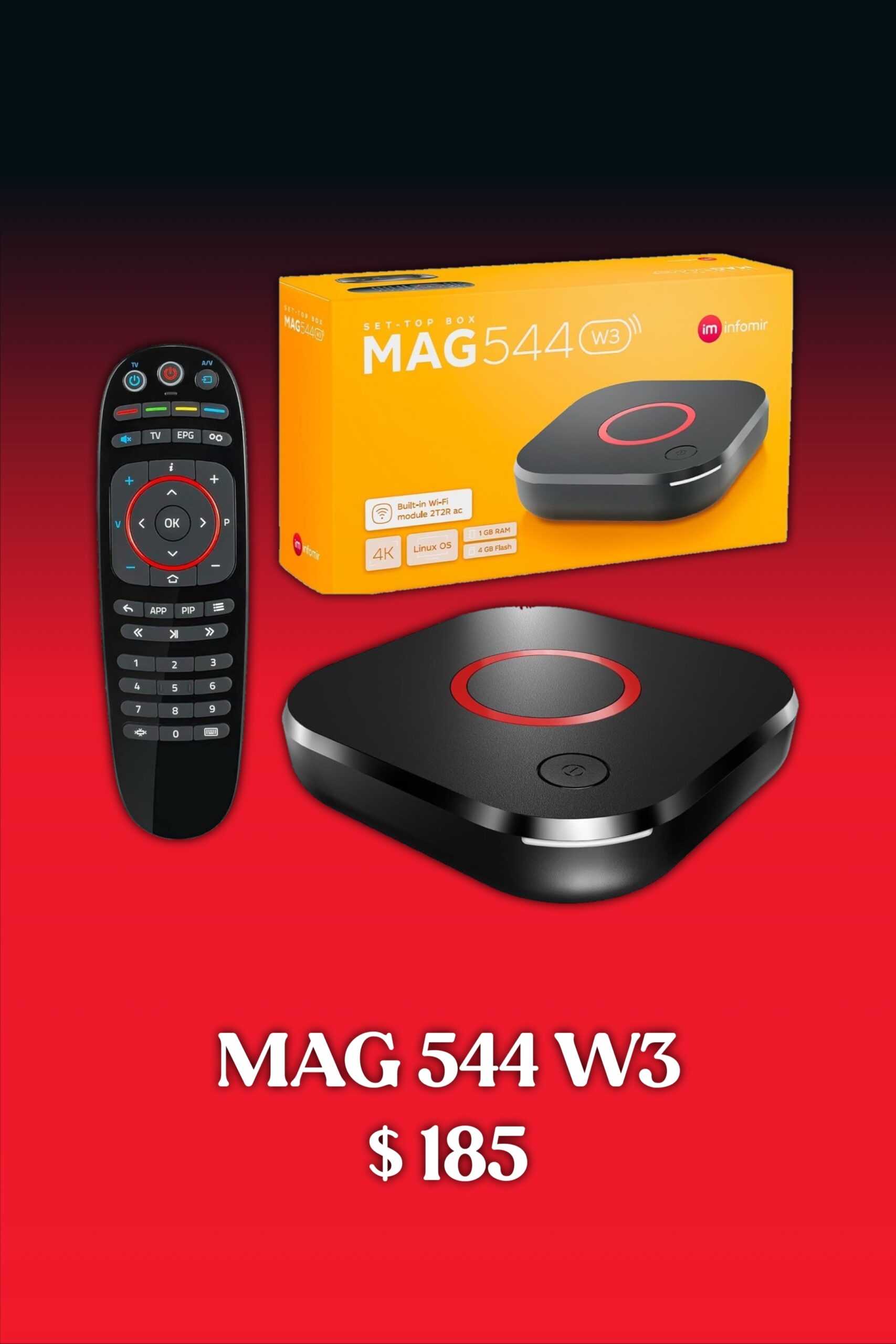 A MAG 544 W3 streaming device, its remote control, and packaging are shown. Text reads: MAG 544 W3 IPTV Italy $185 on a red and black background.