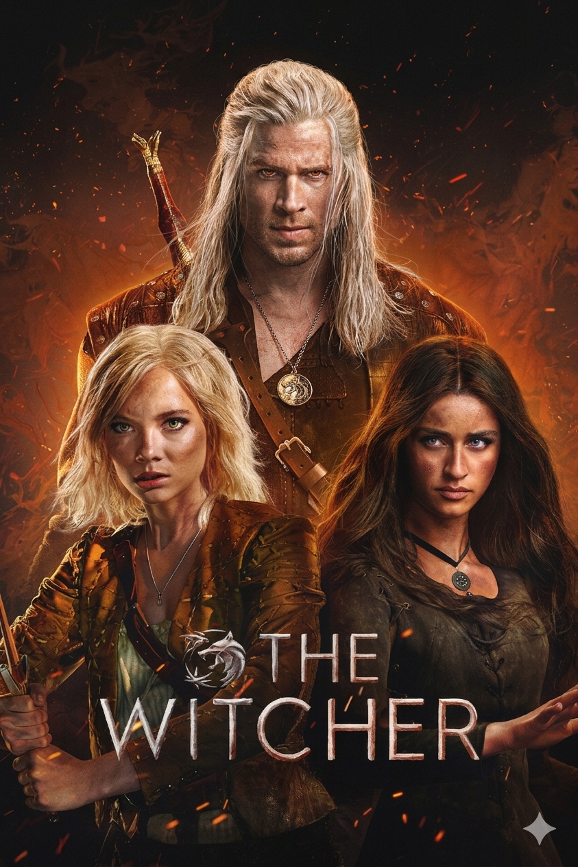 Three characters stand against a fiery background: a white-haired man with a sword, a blond woman holding a dagger, and a dark-haired woman in black. Streaming adventures like The Witcher is now more accessible than ever on IPTV Italy. Text at the bottom reads, The Witcher.