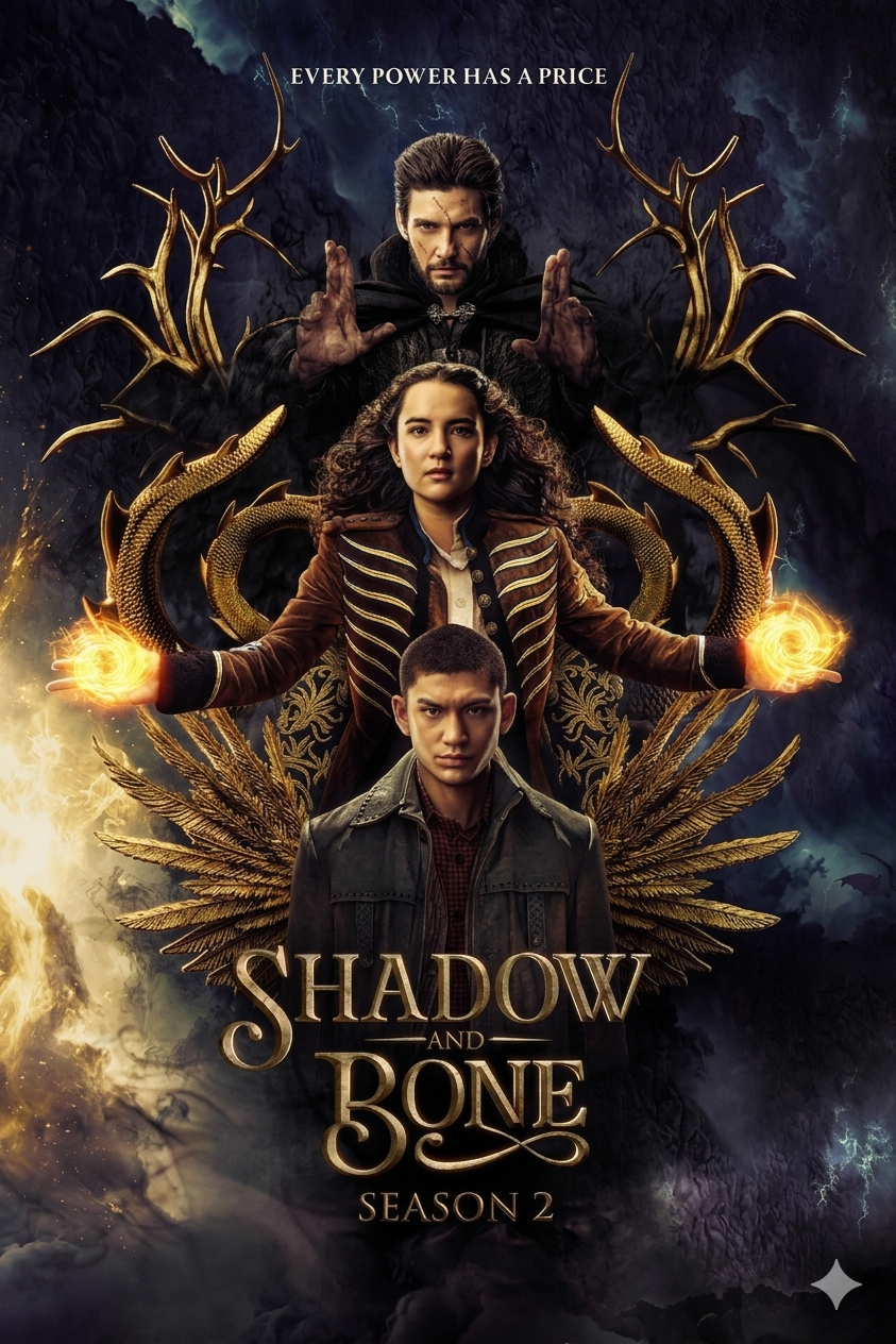 Three characters stand in a dramatic fantasy setting with glowing magical effects, creating a scene as captivating as the stories found on IPTV Italy. Text reads Every power has a price and Shadow and Bone Season 2. Golden wings and antlers frame the central figures.