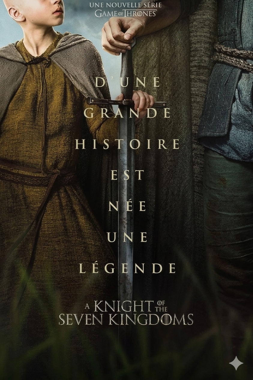 Two people in medieval clothing stand side by side, one holding a staff and the other a sword. French text overlays the image, promoting A Knight of the Seven Kingdoms, a new Game of Thrones series now available through IPTV Italy.