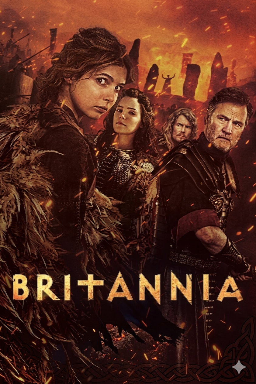 Four characters in ancient or medieval attire stand before burning ruins and stone pillars; the word Britannia is displayed at the bottom in bold text. The scene, reminiscent of epic sagas now enjoyed across platforms like IPTV Italy, is dramatic and intense with reddish, fiery tones.