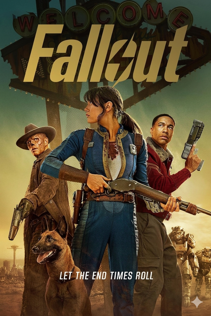 Three armed characters and a dog stand ready in front of a Welcome sign. The word Fallout is above them. The scene has a post-apocalyptic vibe, with ruined buildings and a robot in the background—perfect for fans streaming their favorite series on IPTV Italy.