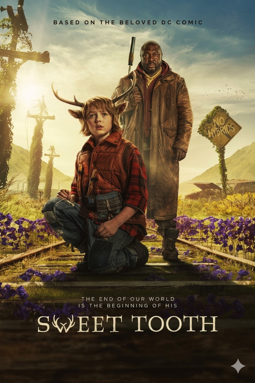 A boy with deer antlers and a man stand on train tracks surrounded by flowers. A sign reads No Hybrids. The poster text says, Sweet Tooth: The end of our world is the beginning of his. Now streaming on IPTV Italy, experience this unique tale where hope blooms in unexpected places.