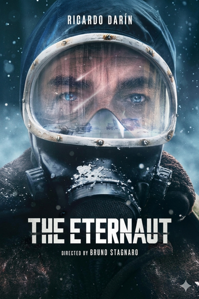 A man in a winter coat and goggles stares forward, his face reflected in icy glass. Snow falls around him. Text reads: RICARDO DARÍN, THE ETERNAUT, directed by BRUNO STAGNARO. Experience the chilling atmosphere now with IPTV Italy.