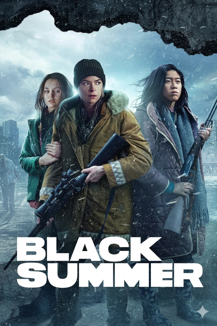 Three serious-looking women in winter clothes stand holding rifles in a snowy, post-apocalyptic city. The show’s title, Black Summer, appears in bold white text at the bottom—stream it now on IPTV Italy for an intense thrill ride.