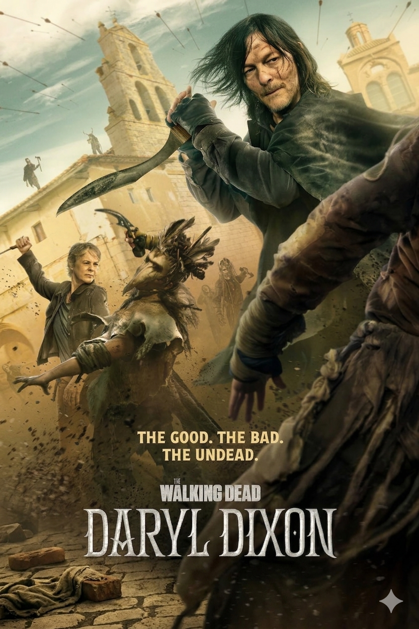 Two people fight zombies in a ruined village. One wields a knife, while the other uses a slingshot. Streaming now on IPTV Italy, the text reads: The Good. The Bad. The Undead. The Walking Dead: Daryl Dixon.