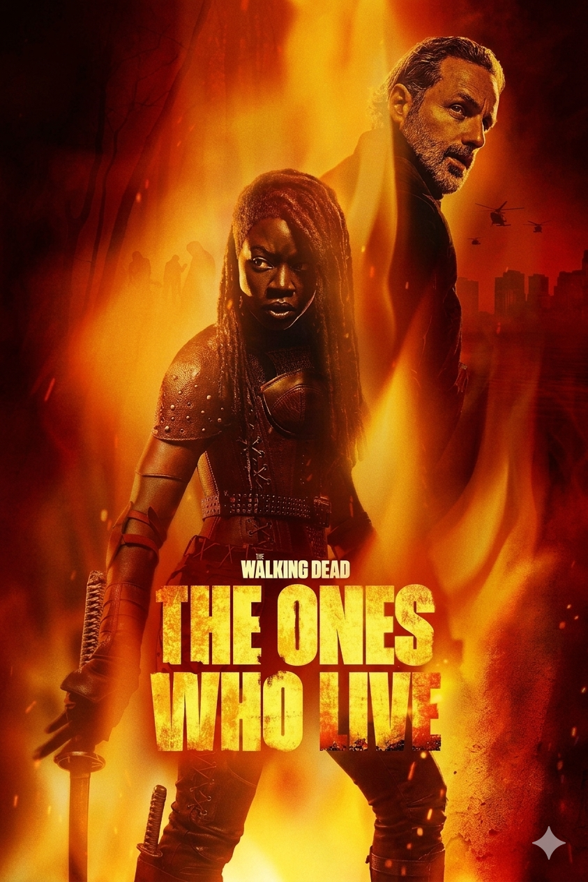 Two characters stand back to back in fiery light. Both are armed; one holds a katana, the other a gun. The text reads The Walking Dead: The Ones Who Live. Helicopters and a cityscape appear in the background, evoking the dramatic atmosphere of IPTV Italy’s streaming thrillers.