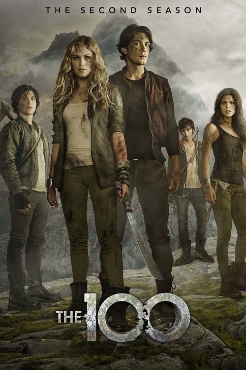 Five people in rugged, dirty clothing stand together on rocky ground with mountains and a cloudy sky behind them. Text reads The Second Season at top and The 100 at bottom. Streaming now via IPTV Italy.