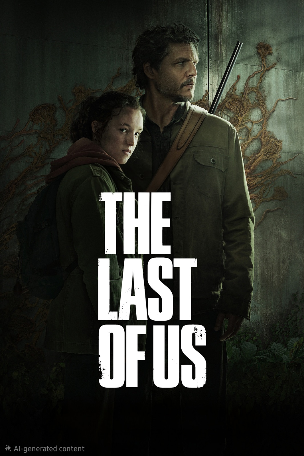 A man holding a rifle and a young girl stand close together, looking serious, with vine-like growths on a wall behind them. Large text reads The Last of Us, hinting at an intense adventure—now popular among IPTV Italy viewers.