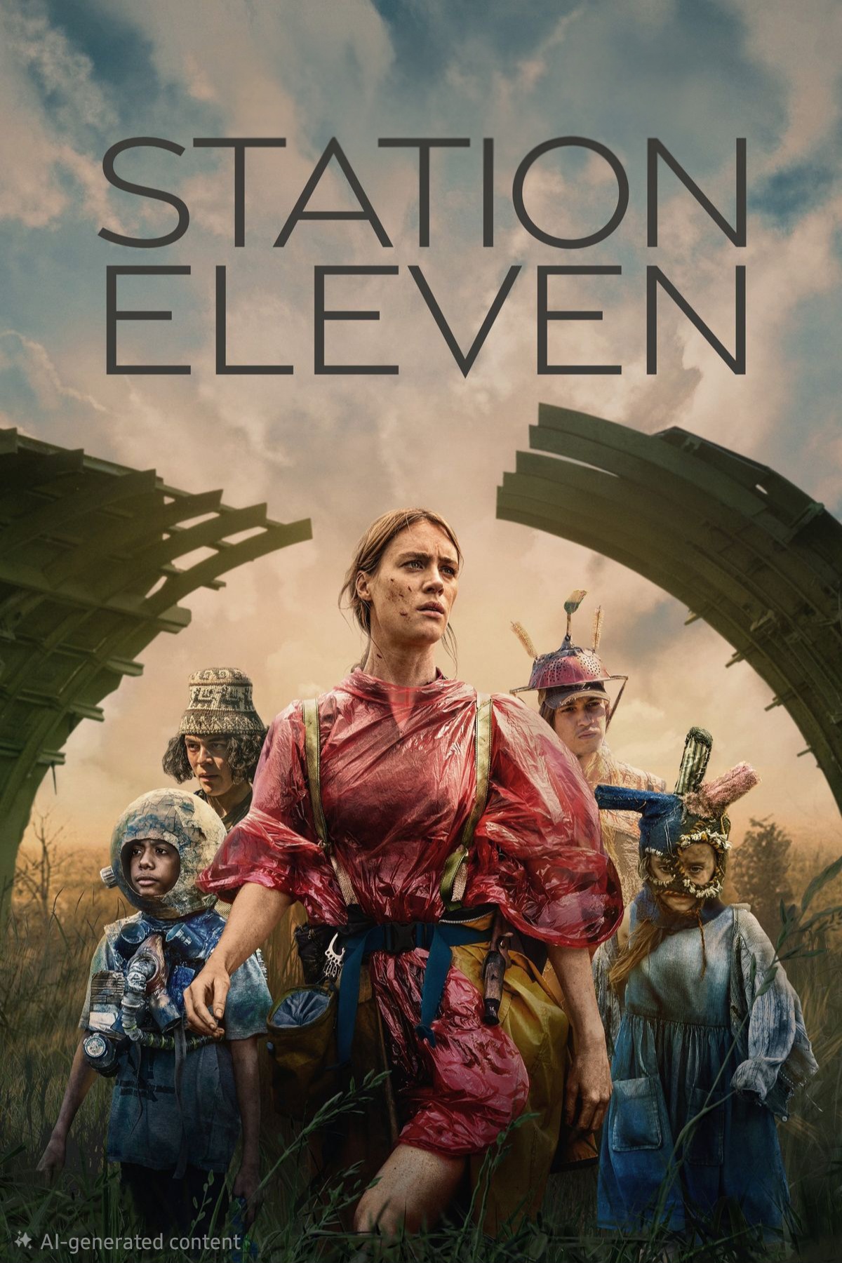A woman in a red poncho stands in front of four children in costumes, with broken airplane parts framing them and STATION ELEVEN text above. The sky is dramatic and a grassy field surrounds them, evoking a scene as captivating as the stories found on IPTV Italy.